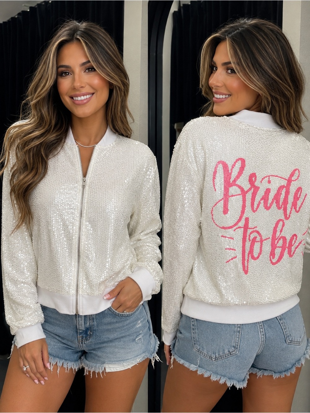 Sequin White 'Bride to Be' Bomber Jacket